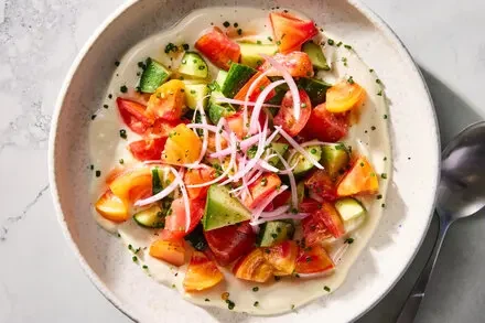**Cucumber-Tomato Salad with Sesame Whipped Tofu**